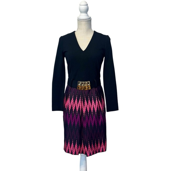 Milly Dresses & Skirts - Milly Long Sleeve V Neck Belted Mini Dress Womens Sz 4 Black Pink‎ Silk Blend